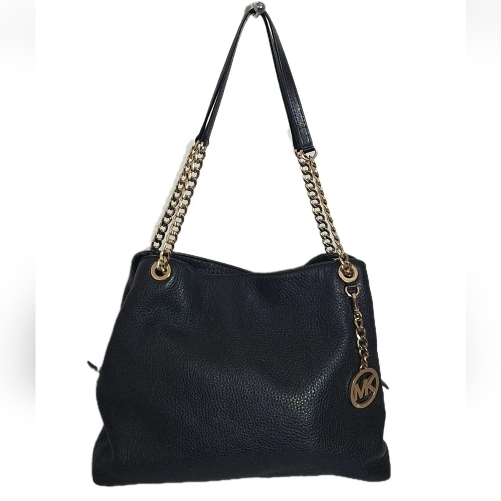 Michael Kors Jet Set Black W Gold Chain Large Pebble Leather Shoulder Tote NWOT